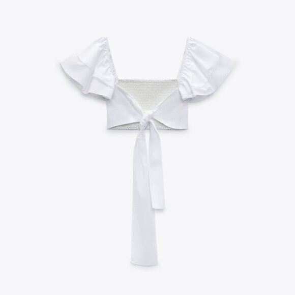 ZARA RUFFLE SLEEVE BANDEAU CROP TOP - Picture 4 of 5